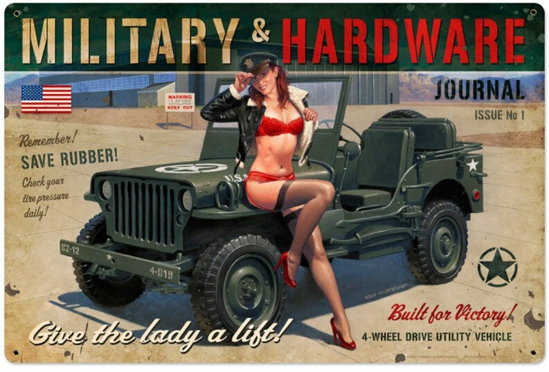 PLAQUE METAL JEEP WILLYS PIN-UP WW2