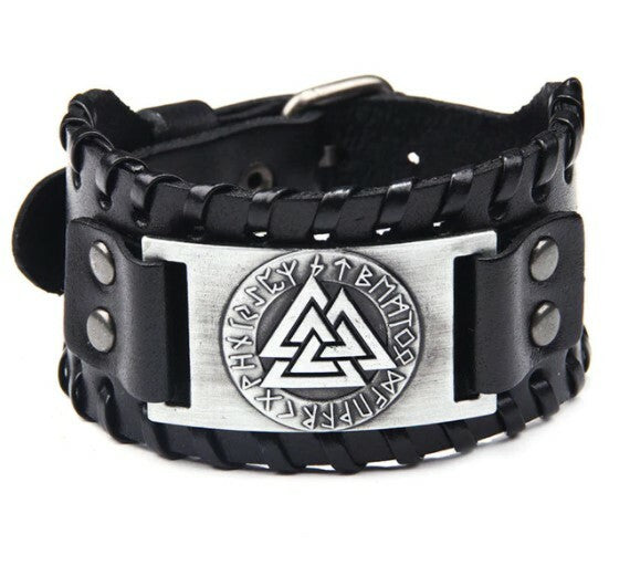 BRACELET VIKING VALKNUT RUNES METAL ET CUIR 2