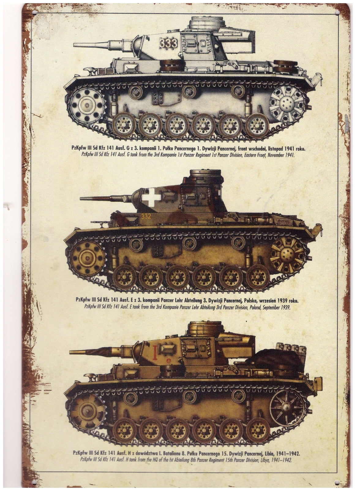PLAQUE METAL 3 CHARS DE COMBAT PANZER DIVISION WW2