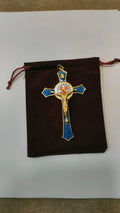 GRANDE CROIX CRUCIFIX JESUS ET SAINT BENOIT BLEUE