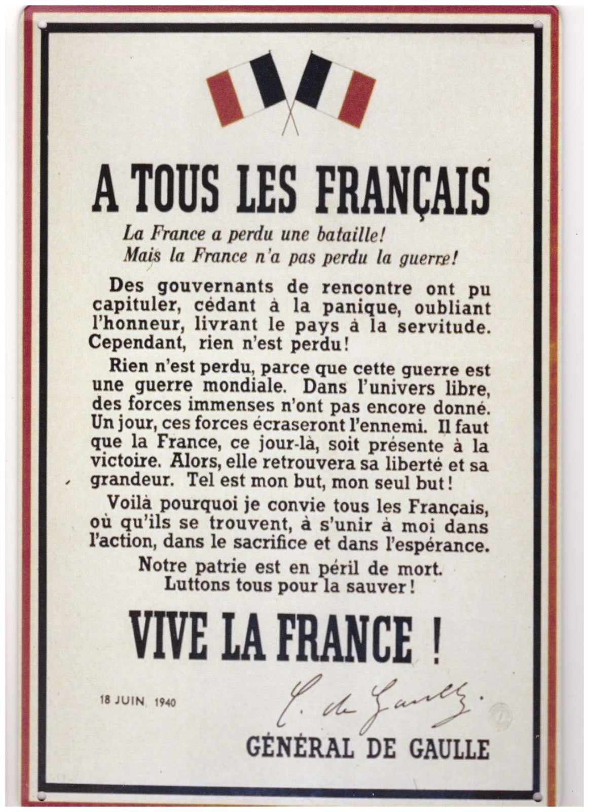 PLAQUE METAL APPEL DU 18 JUIN 30X20cm/CHARLES DE GAULLE