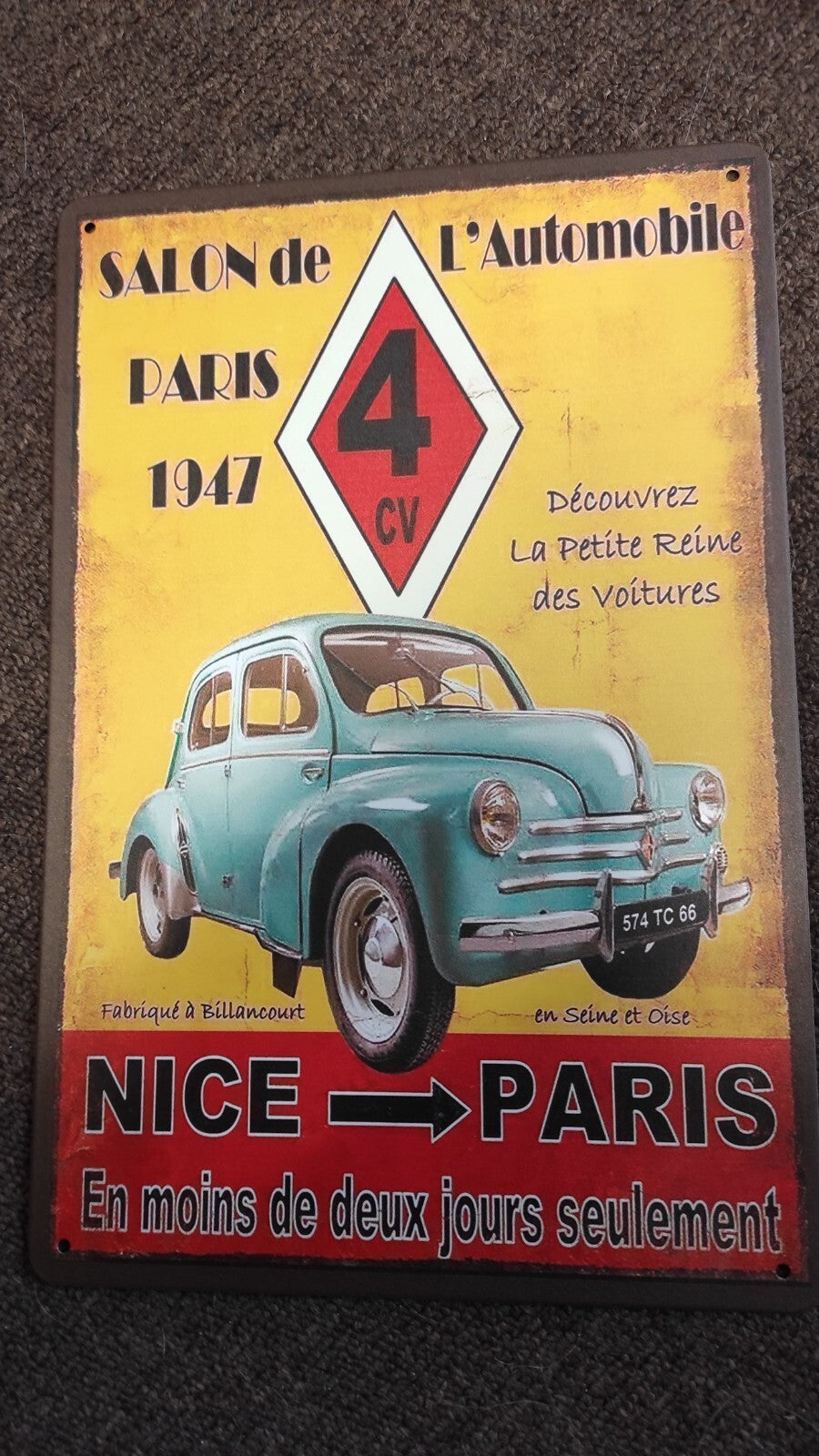 PLAQUE PUBLICITAIRE METAL 4CV RENAULT