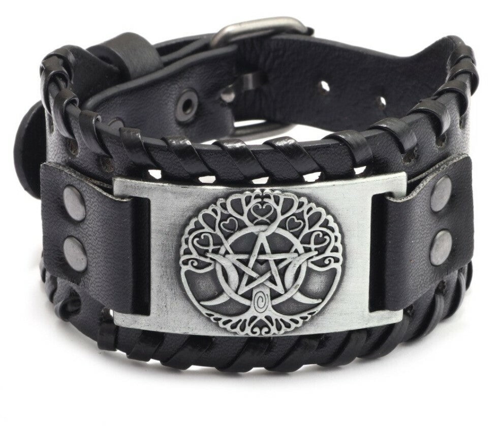 BRACELET VIKING PENTACLE Yggdrasil RUNES METAL ET CUIR